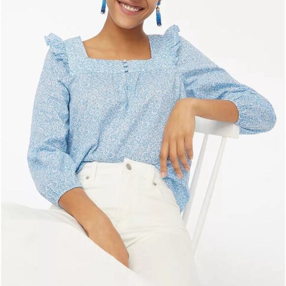 J.CREW Tops - J. Crew Blue Large BR779 Cotton Floral Square neck Ruffle Top J- NWT